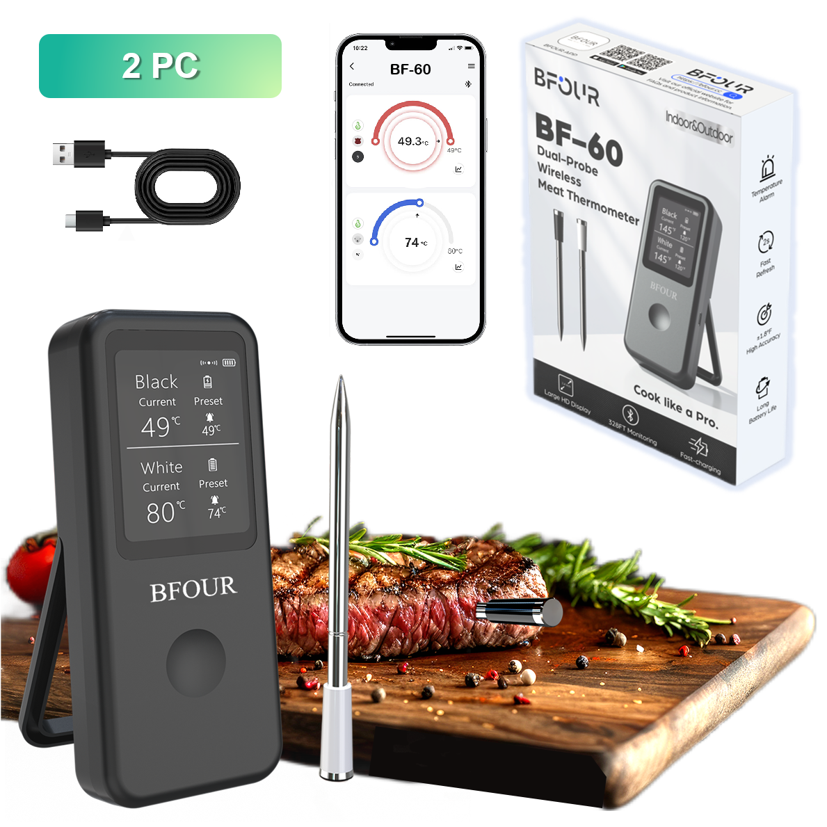 BF-60 Twin Probe Wireless Meat Thermometer